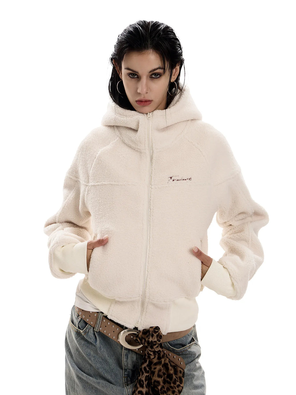 Women's Retro Sherpa Fleece Cropped Hooded Jacket