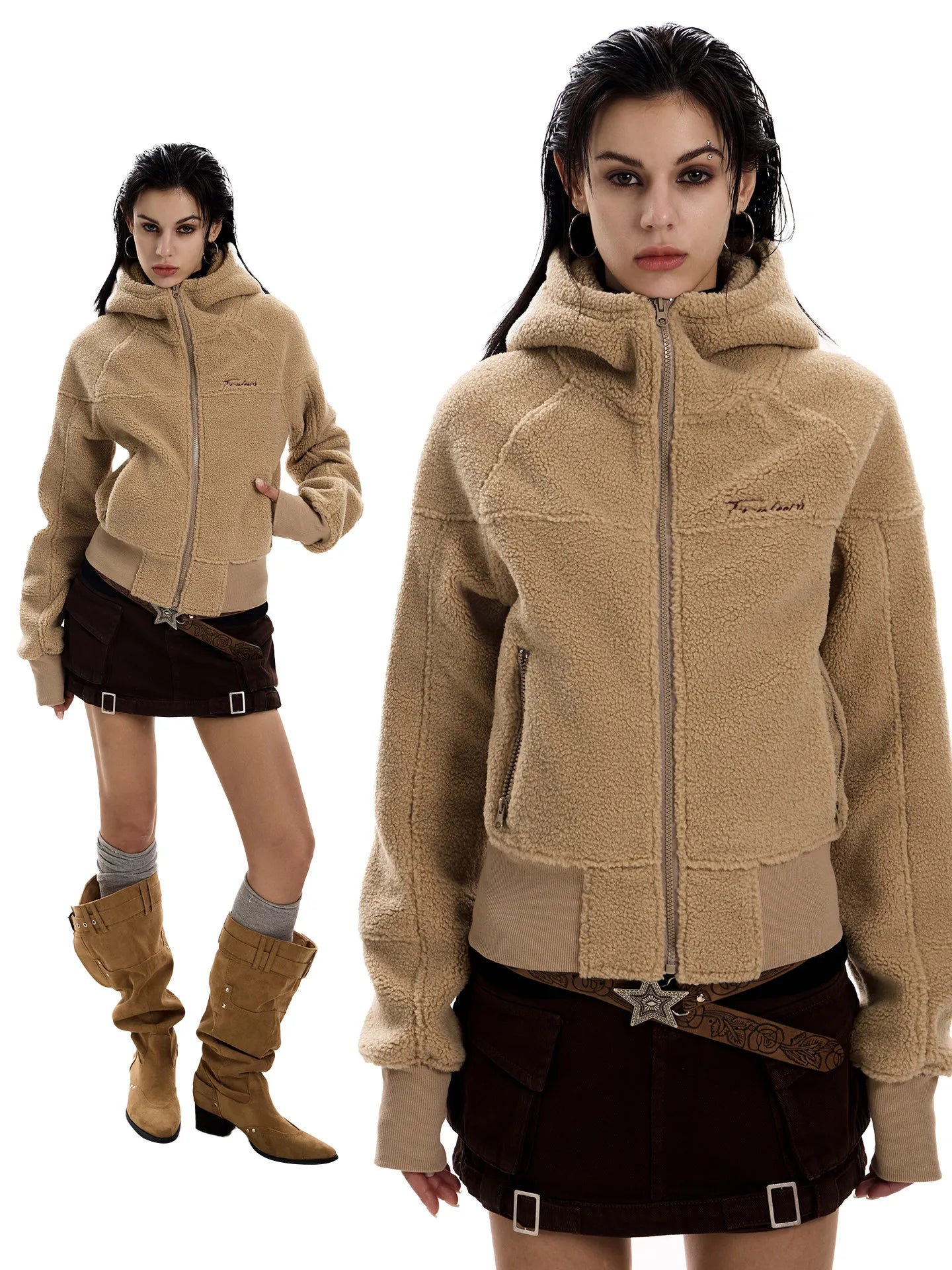 Women's Retro Sherpa Fleece Cropped Hooded Jacket