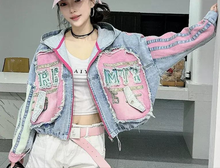 Women's Retro Splicing Hooded Denim Jacket Loose Fit