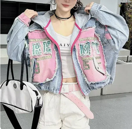 Women's Retro Splicing Hooded Denim Jacket Loose Fit