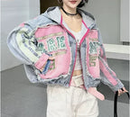 Women's Retro Splicing Hooded Denim Jacket Loose Fit
