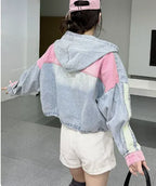 Women's Retro Splicing Hooded Denim Jacket Loose Fit
