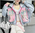 Women's Retro Splicing Hooded Denim Jacket Loose Fit