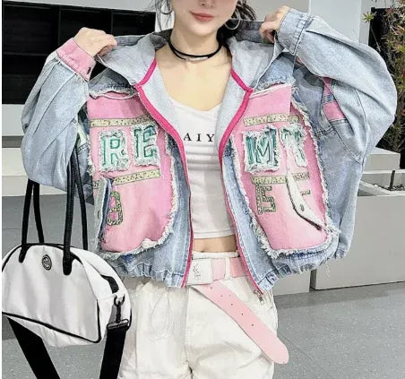 Women's Retro Splicing Hooded Denim Jacket Loose Fit