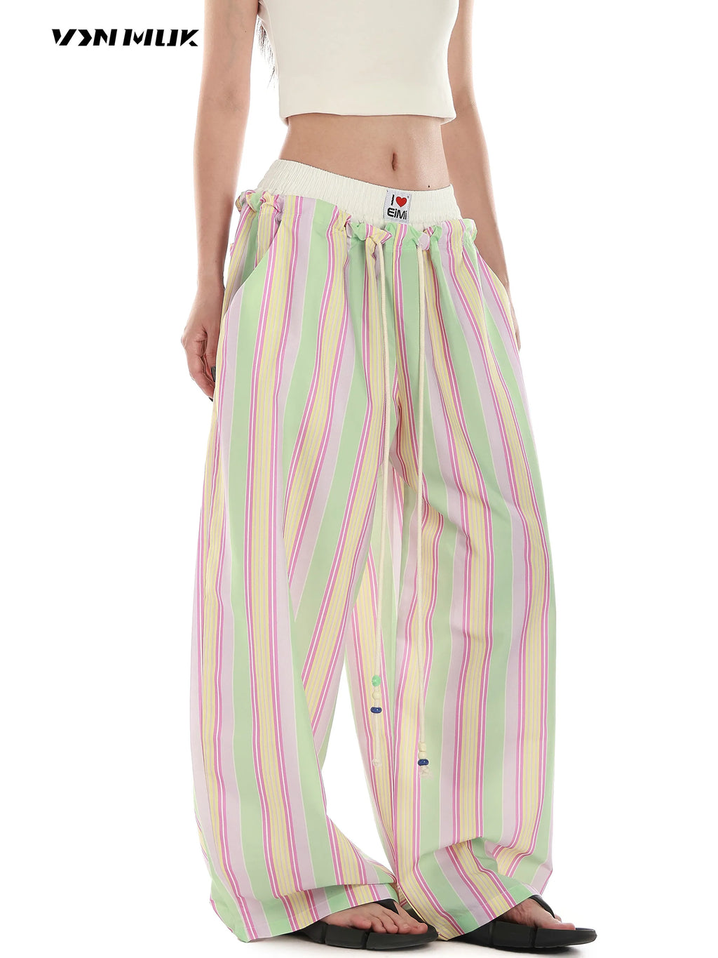 Women's Retro Striped Beaded Waistband Wide Leg Pants