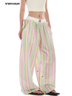 Women's Retro Striped Beaded Waistband Wide Leg Pants