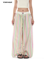 Women's Retro Striped Beaded Waistband Wide Leg Pants