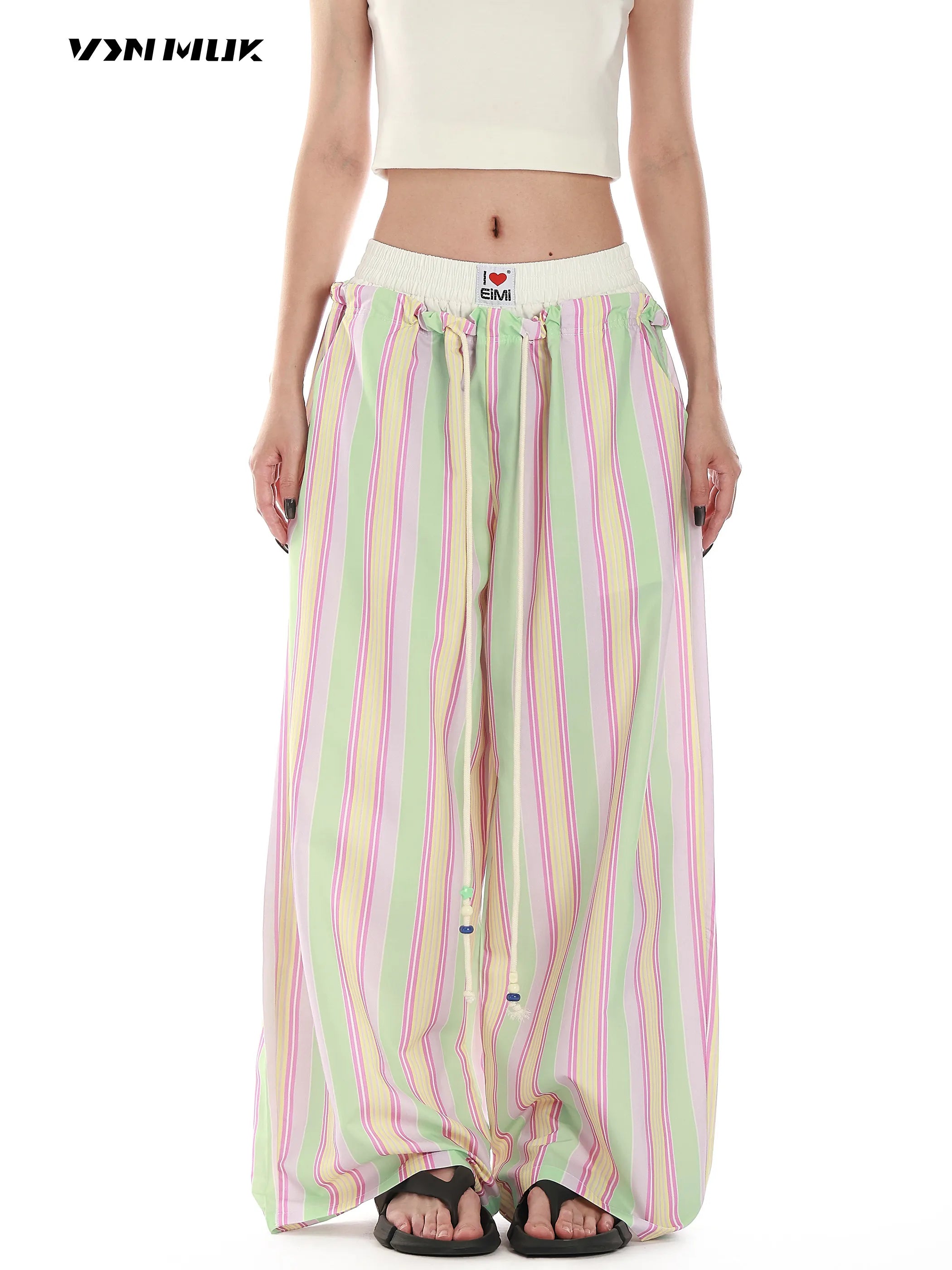 Women's Retro Striped Beaded Waistband Wide Leg Pants