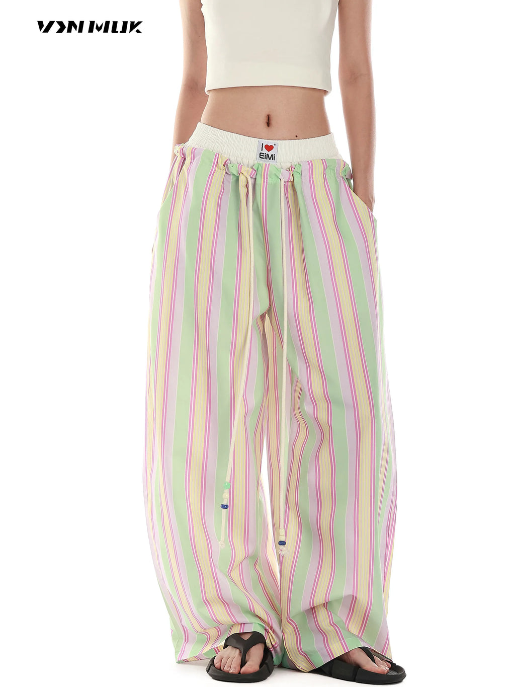 Women's Retro Striped Beaded Waistband Wide Leg Pants