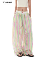 Women's Retro Striped Beaded Waistband Wide Leg Pants