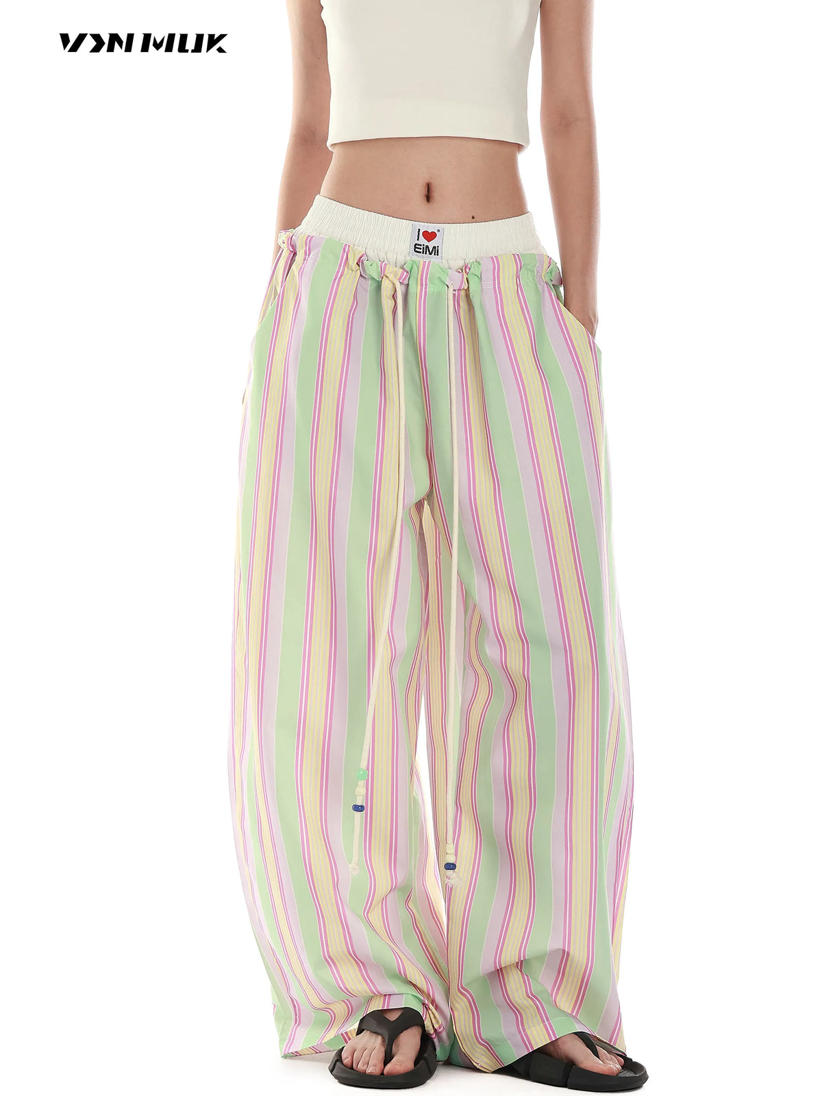 Women's Retro Striped Beaded Waistband Wide Leg Pants