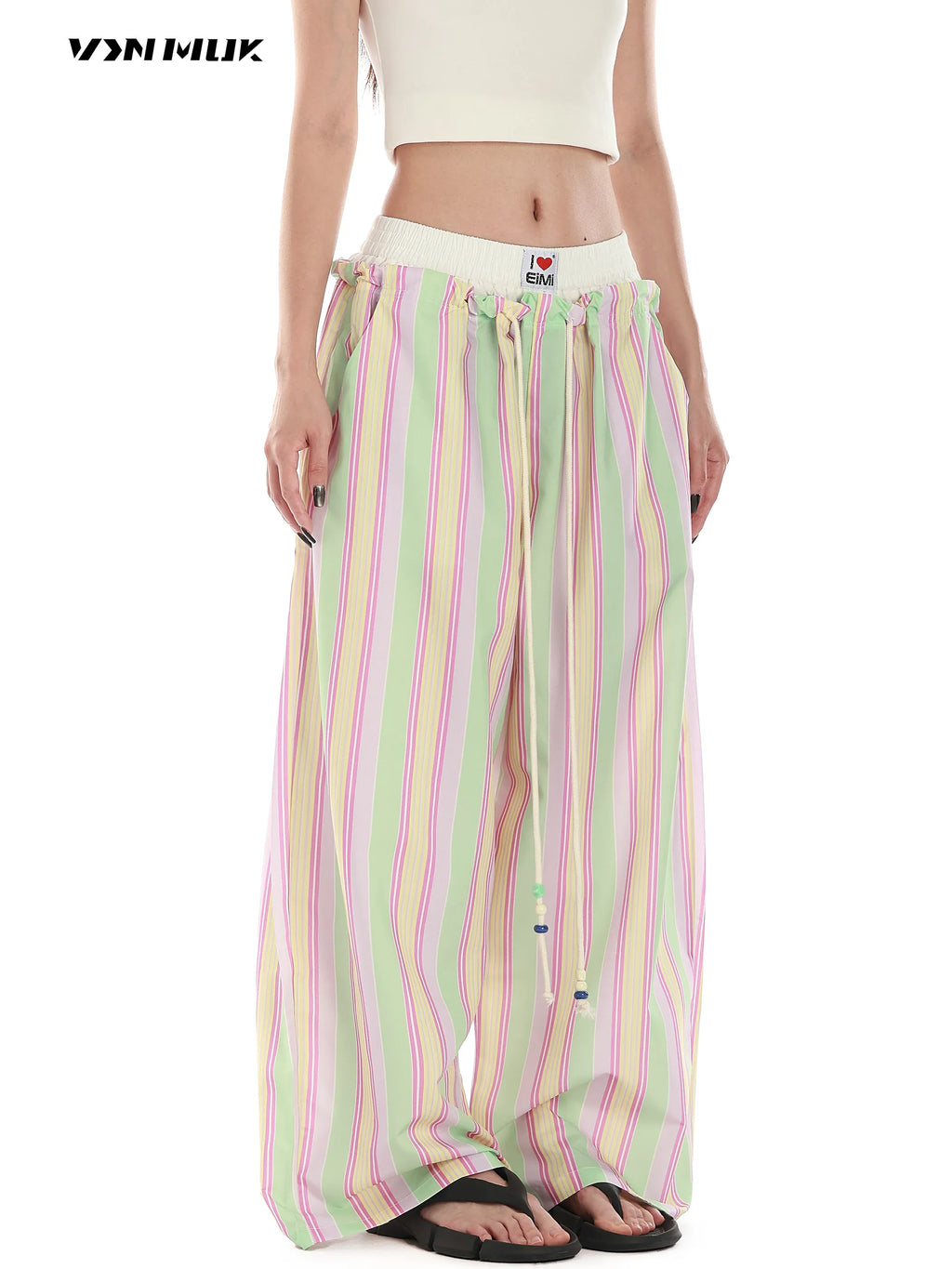 Women's Retro Striped Beaded Waistband Wide Leg Pants