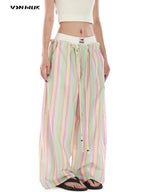 Women's Retro Striped Beaded Waistband Wide Leg Pants