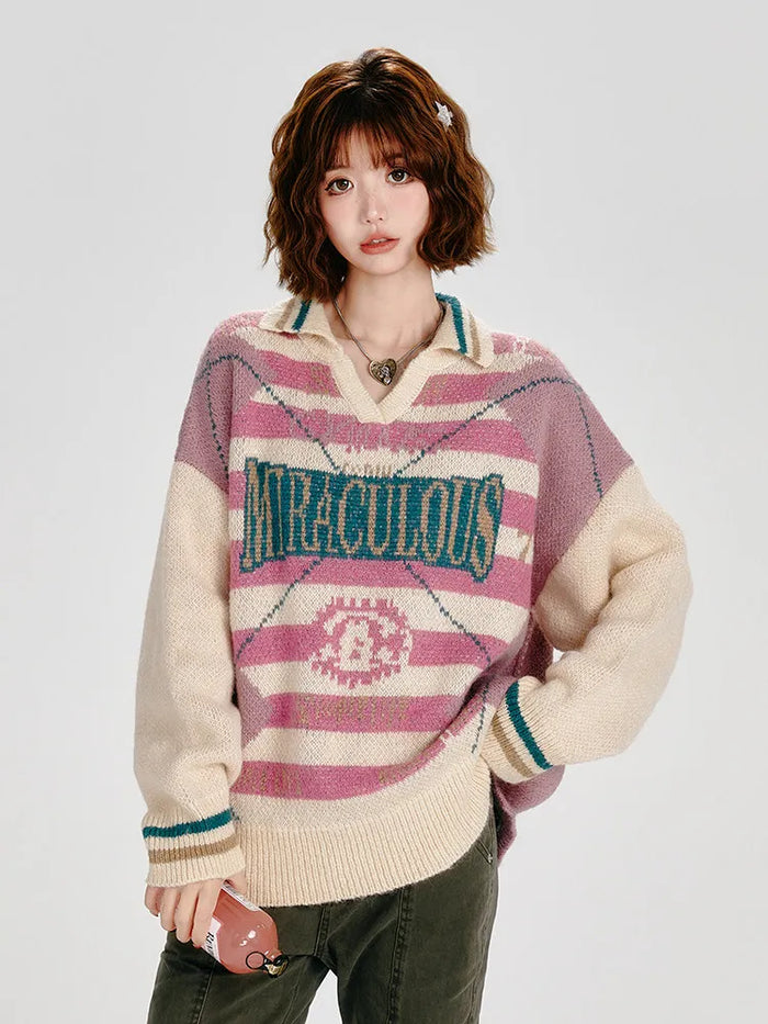 Women's Retro Striped Colorblock Thick Lapel Knit Sweater