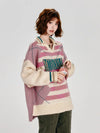 Women's Retro Striped Colorblock Thick Lapel Knit Sweater