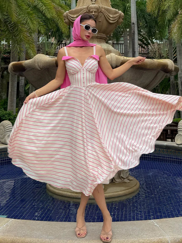 Women's Retro Striped Draped A-Line Maxi Dress