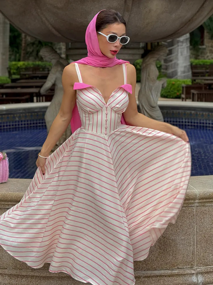 Women's Retro Striped Draped A-Line Maxi Dress