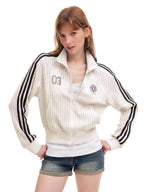 Women's Retro Striped Hollow Out Stand Collar Cardigan