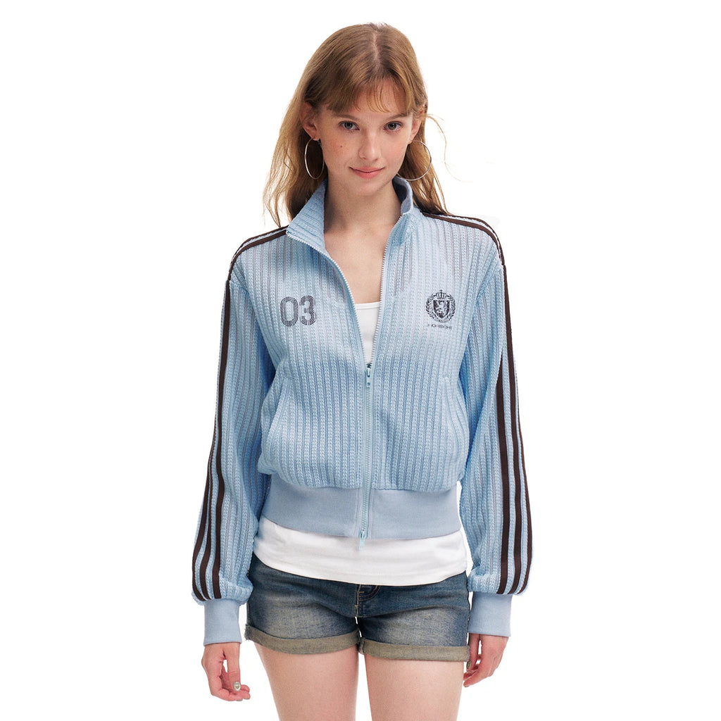 Women's Retro Striped Hollow Out Stand Collar Cardigan