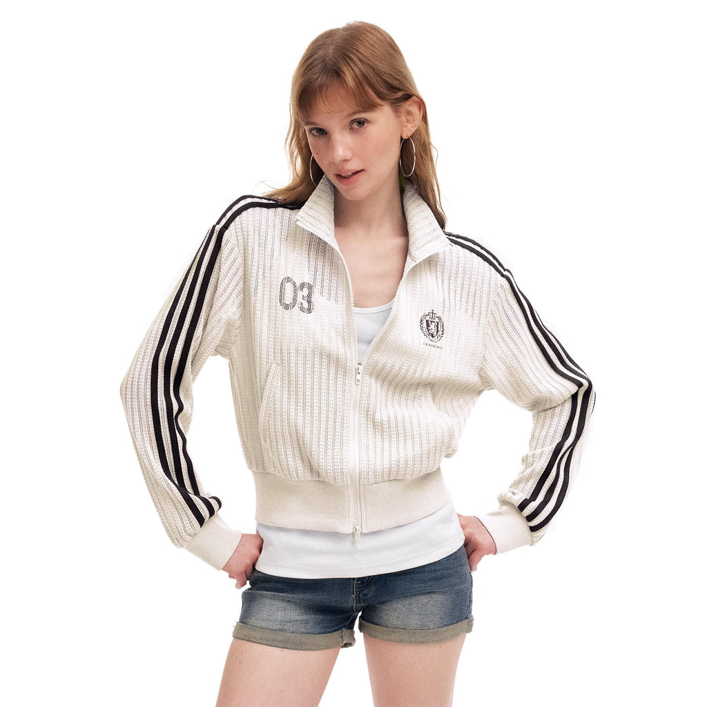 Women's Retro Striped Hollow Out Stand Collar Cardigan