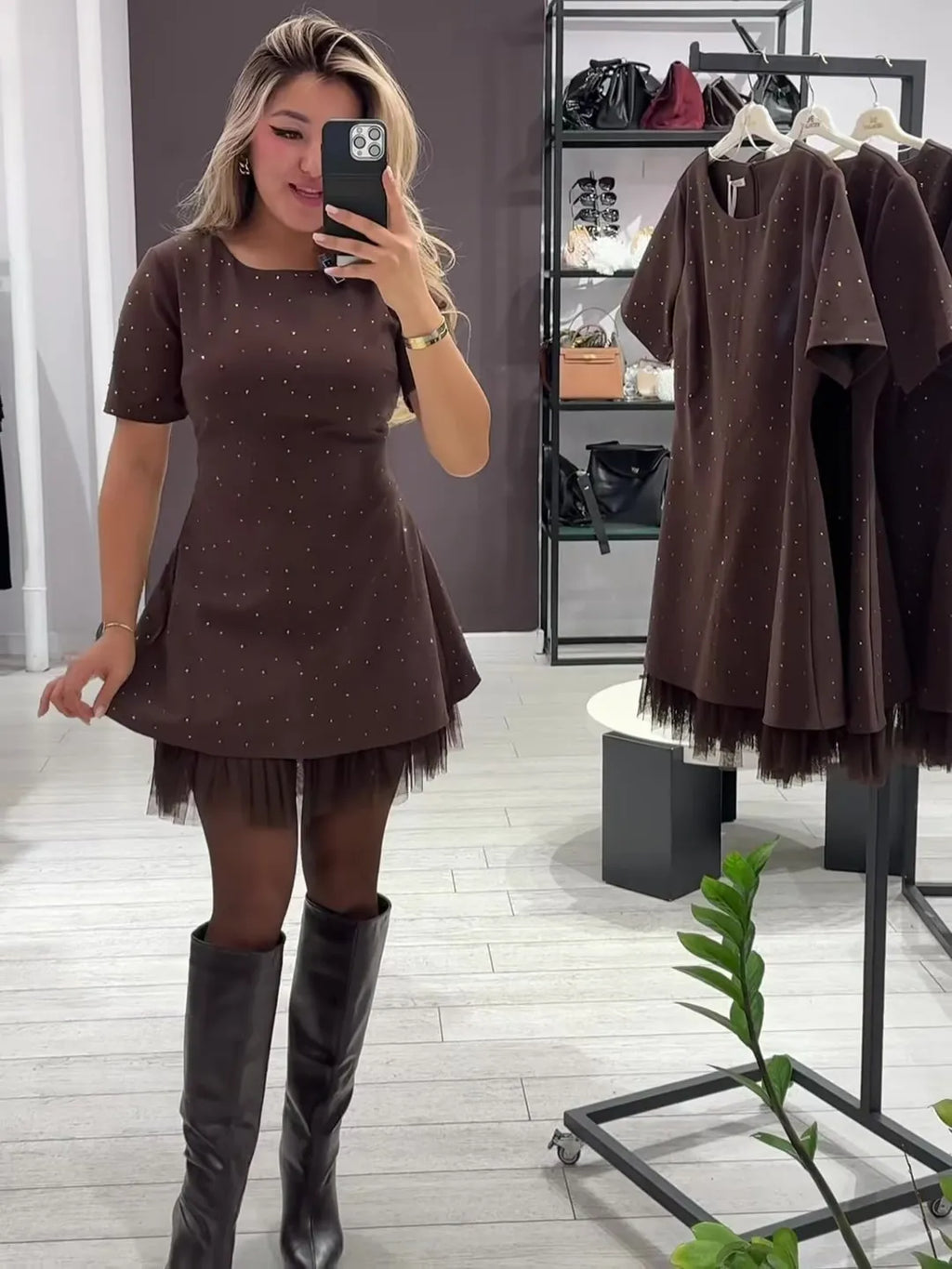 Women's Round Neck Short Sleeve Spliced Lace Mini Dress