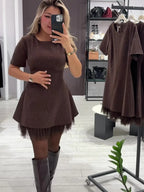 Women's Round Neck Short Sleeve Spliced Lace Mini Dress