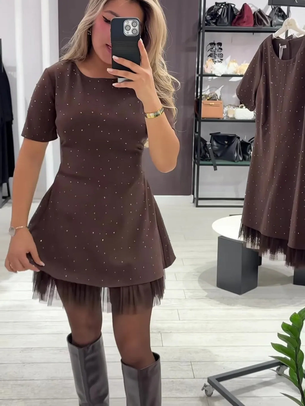 Women's Round Neck Short Sleeve Spliced Lace Mini Dress