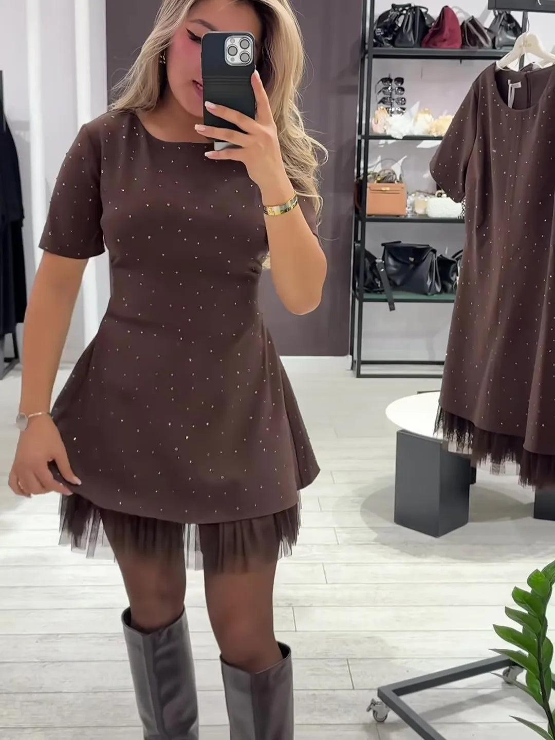Women's Round Neck Short Sleeve Spliced Lace Mini Dress