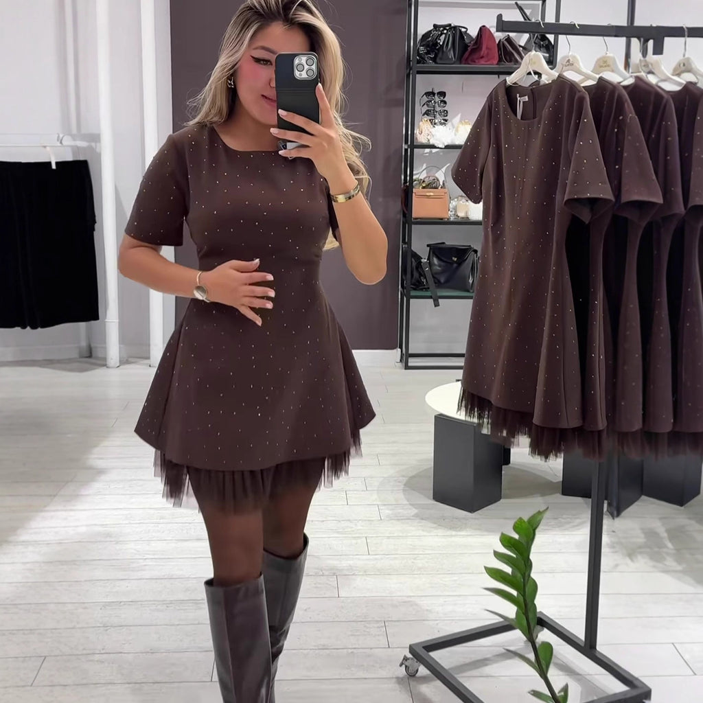 Women's Round Neck Short Sleeve Spliced Lace Mini Dress