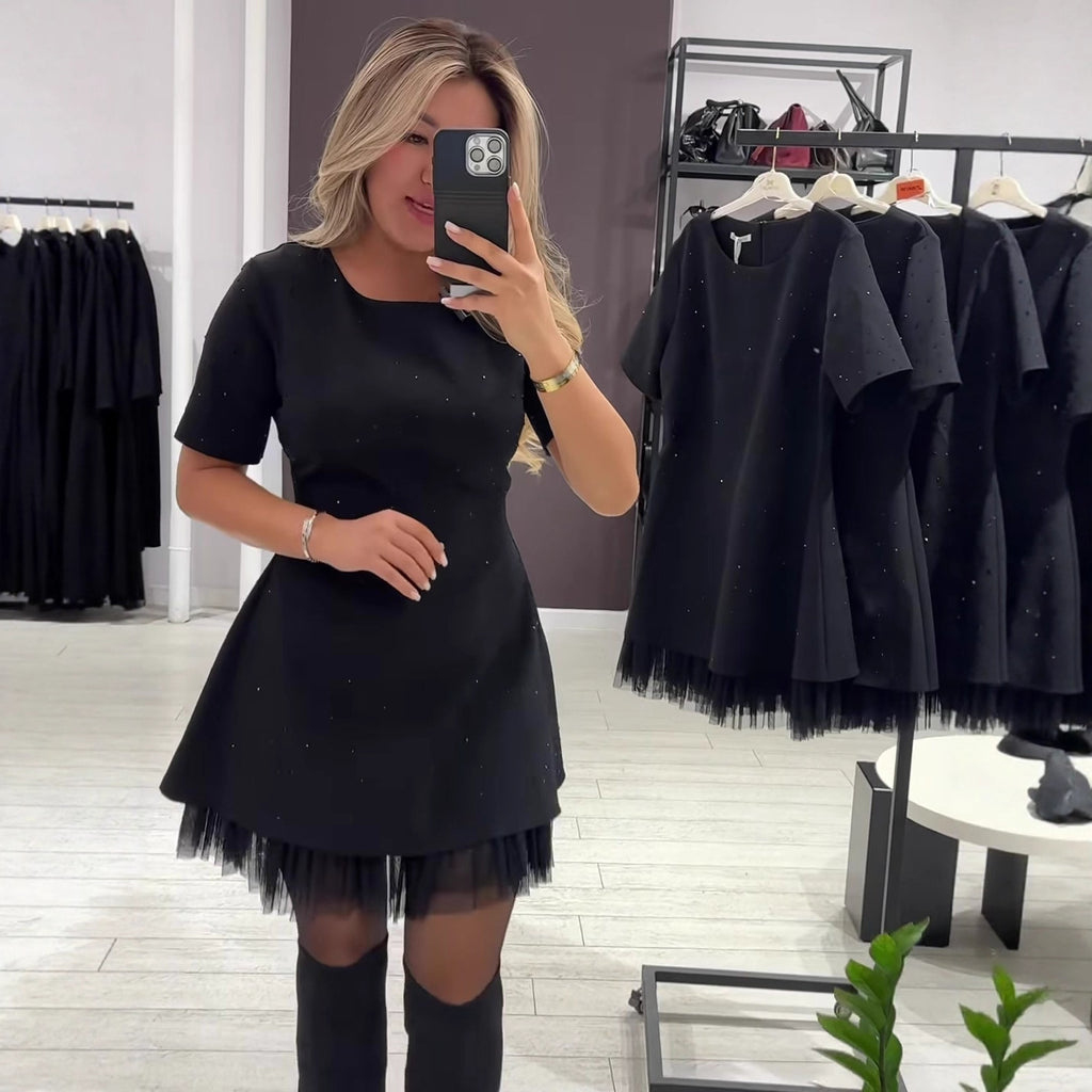 Women's Round Neck Short Sleeve Spliced Lace Mini Dress