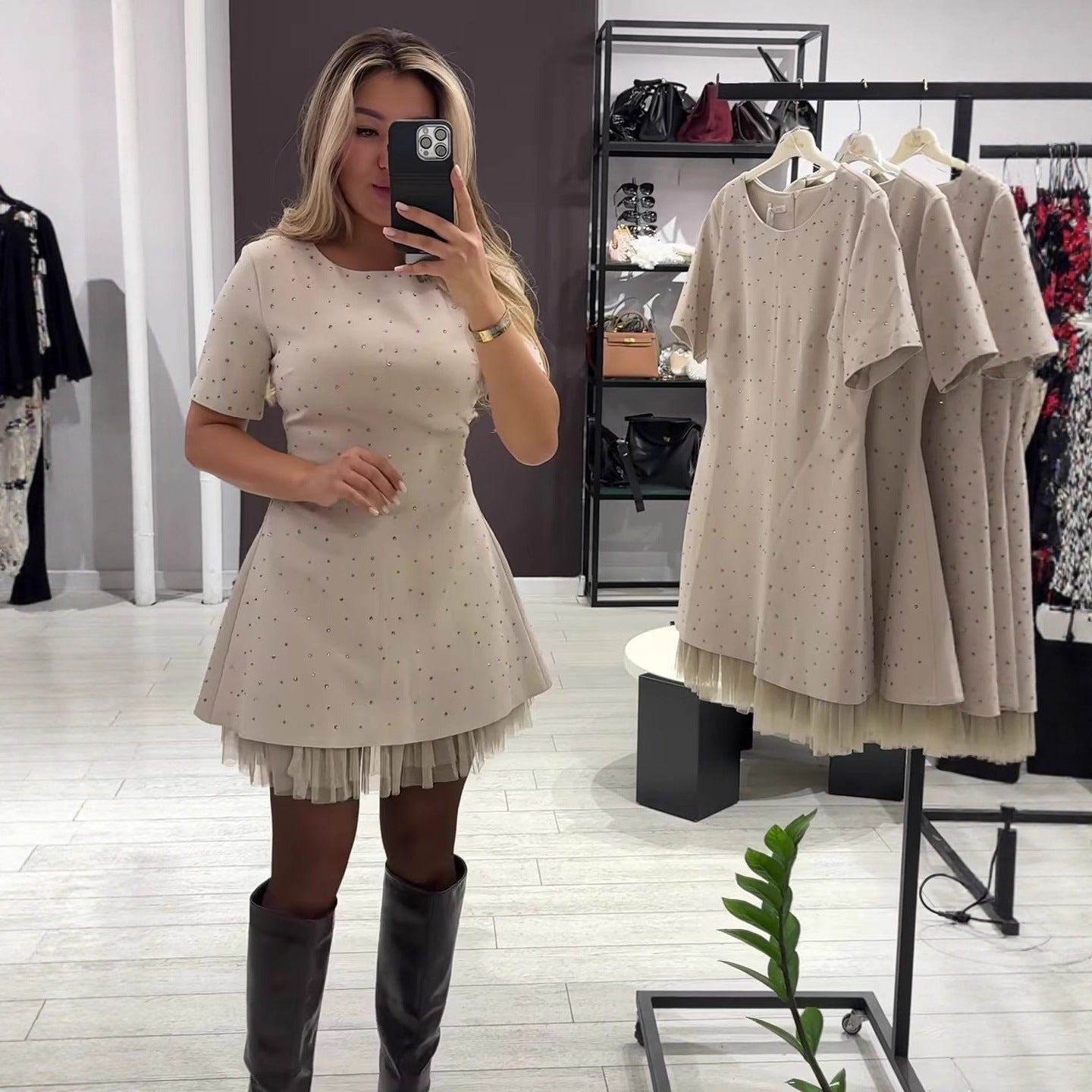 Women's Round Neck Short Sleeve Spliced Lace Mini Dress