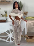 Women's Sequined Mesh Fringe O-Neck Crop Top and Skirt Two-Piece Set