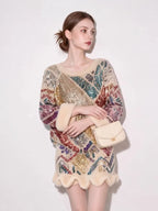 Women's Sequined Striped Knit Sweater and Skirt Two-Piece Set