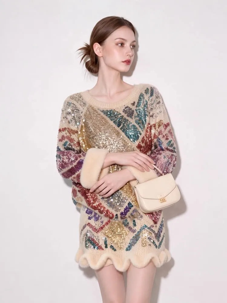 Women's Sequined Striped Knit Sweater and Skirt Two-Piece Set