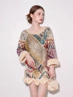 Women's Sequined Striped Knit Sweater and Skirt Two-Piece Set