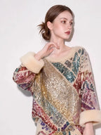 Women's Sequined Striped Knit Sweater and Skirt Two-Piece Set