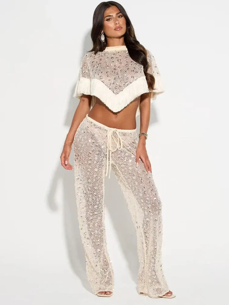 Women's Sequins Fringe Patchwork Cape Top and Pants Two-Piece Set
