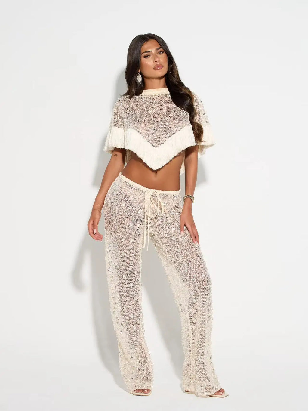 Women's Sequins Fringe Patchwork Cape Top and Pants Two-Piece Set