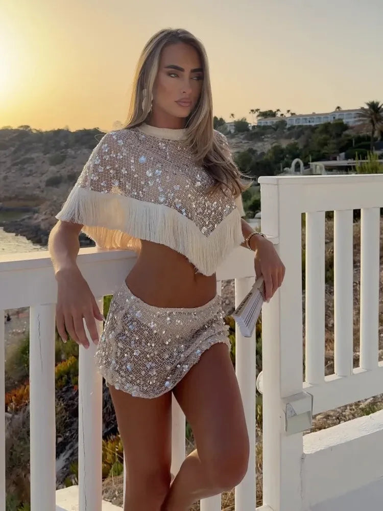 Women's Sequins Fringe Patchwork Cape Top and Pants Two-Piece Set
