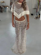 Women's Sequins Fringe Patchwork Cape Top and Pants Two-Piece Set