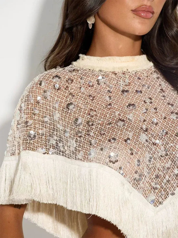 Women's Sequins Fringe Patchwork Cape Top and Pants Two-Piece Set