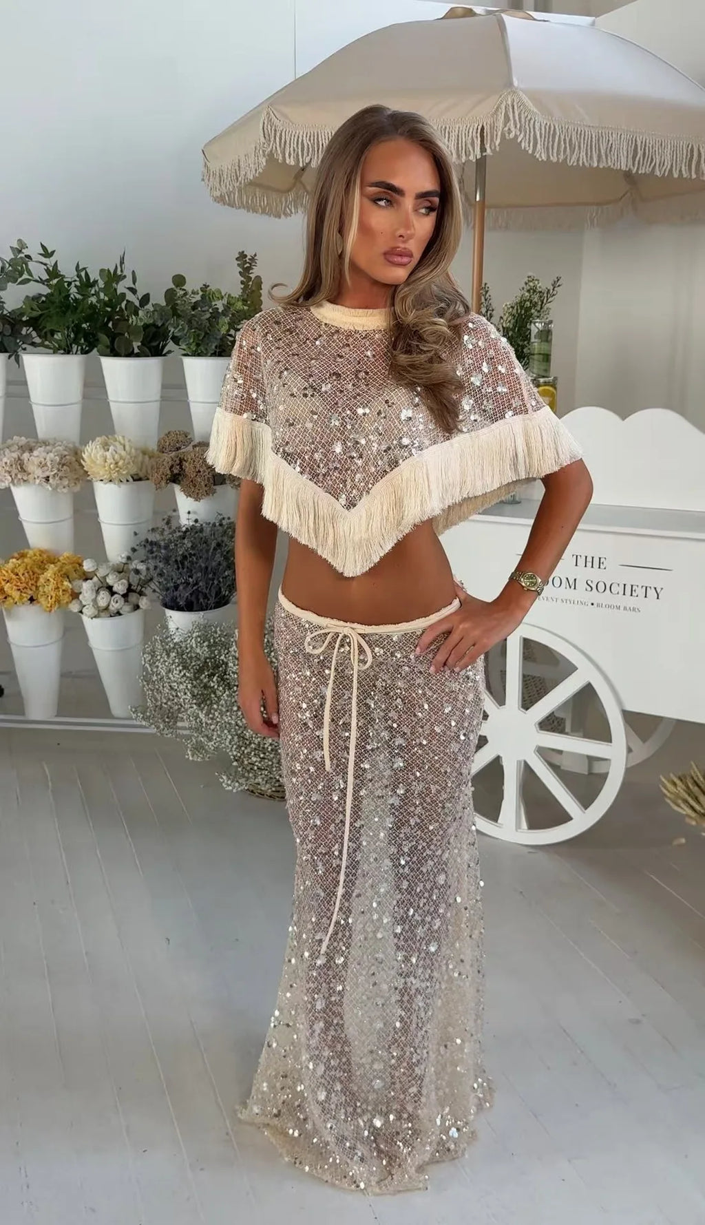 Women's Sequins Fringe Patchwork Cape Top and Pants Two-Piece Set