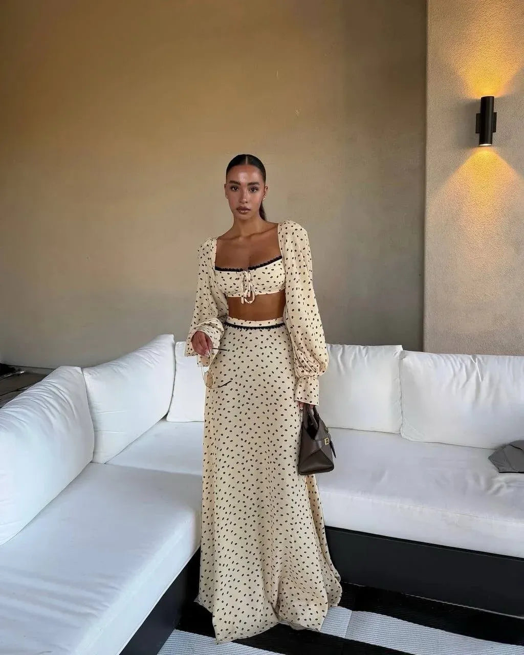 Women's Sexy Polka Dot Tank Top Skirt Set Long Lantern Sleeve A-Line Trumpet Skirt 2 Piece Outfit