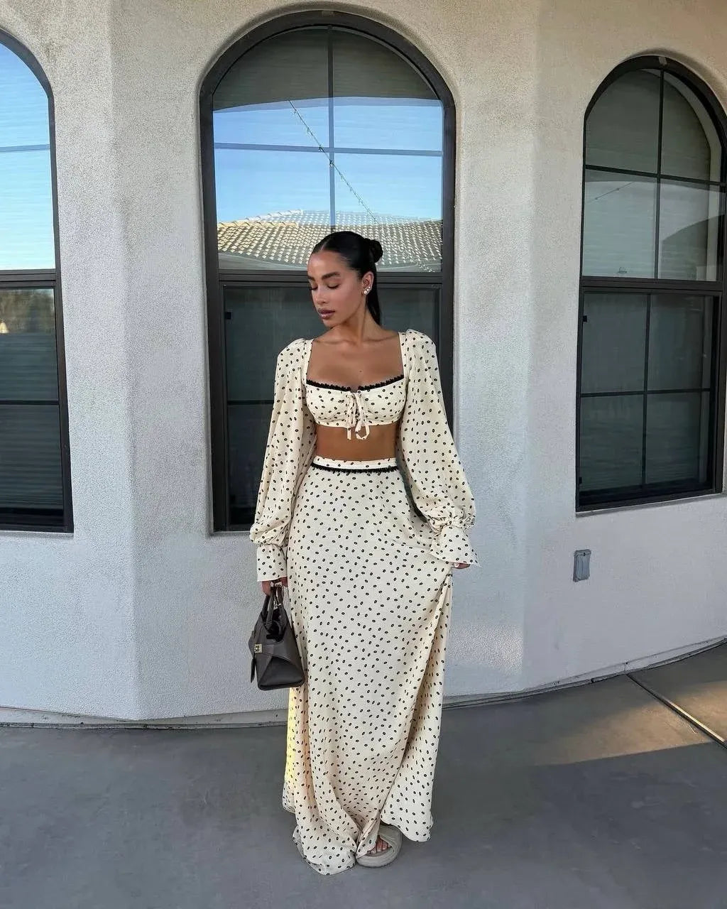 Women's Sexy Polka Dot Tank Top Skirt Set Long Lantern Sleeve A-Line Trumpet Skirt 2 Piece Outfit