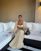 Women's Sexy Polka Dot Tank Top Skirt Set Long Lantern Sleeve A-Line Trumpet Skirt 2 Piece Outfit