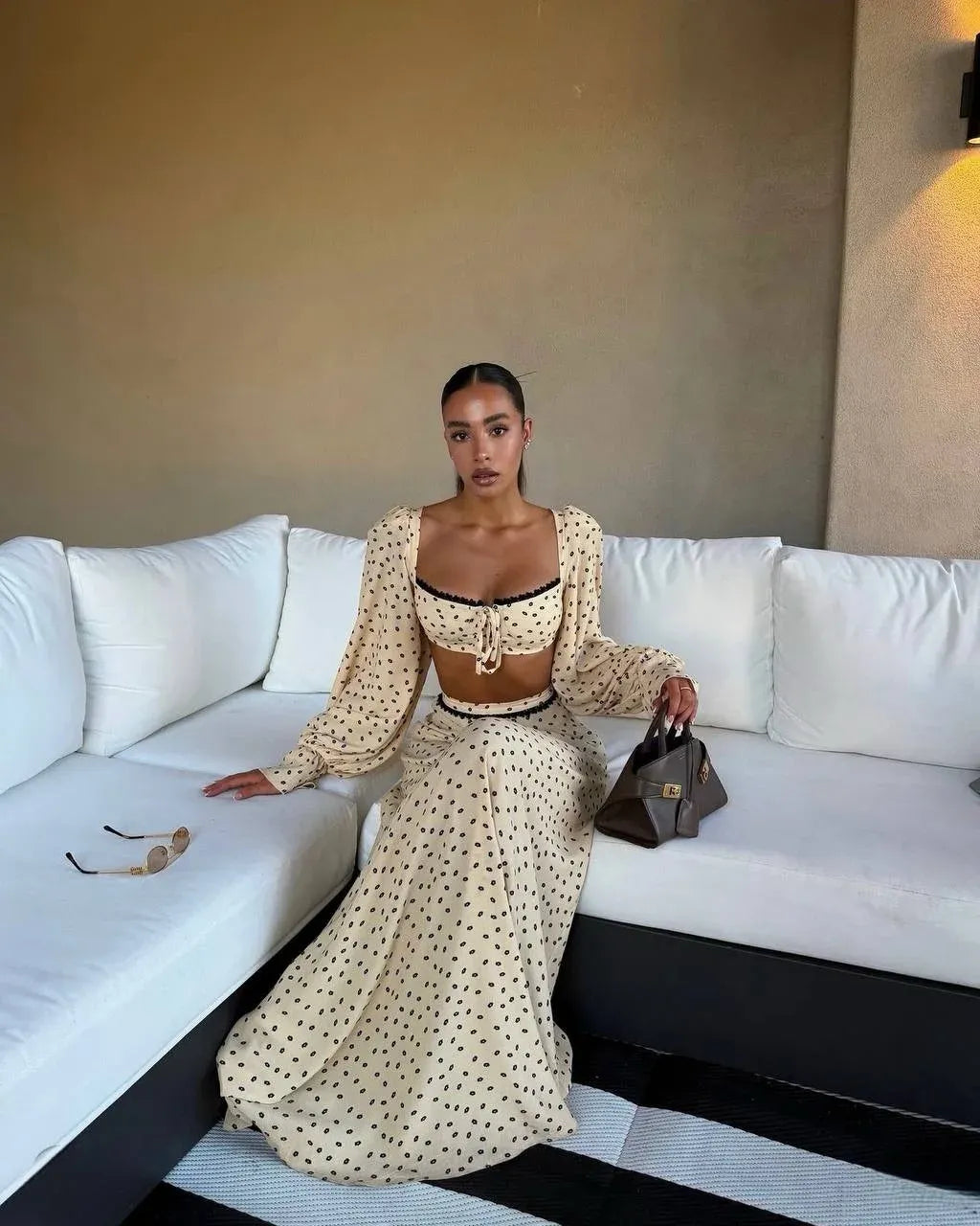 Women's Sexy Polka Dot Tank Top Skirt Set Long Lantern Sleeve A-Line Trumpet Skirt 2 Piece Outfit