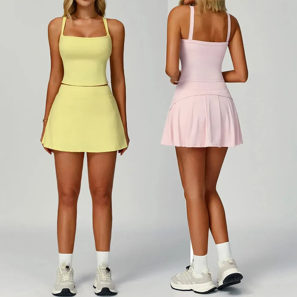 Women's Sexy Yoga Tracksuit Set Sleeveless Sports Bra High Waist Short Skirt 2 Piece Workout Suit