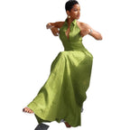 Women's Sleeveless Halter V-Neck Button-Front Slim Fit Maxi Dress