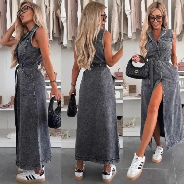 Women's Sleeveless Long Button-Front Tie-Waist Denim Dress