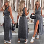 Women's Sleeveless Long Button-Front Tie-Waist Denim Dress